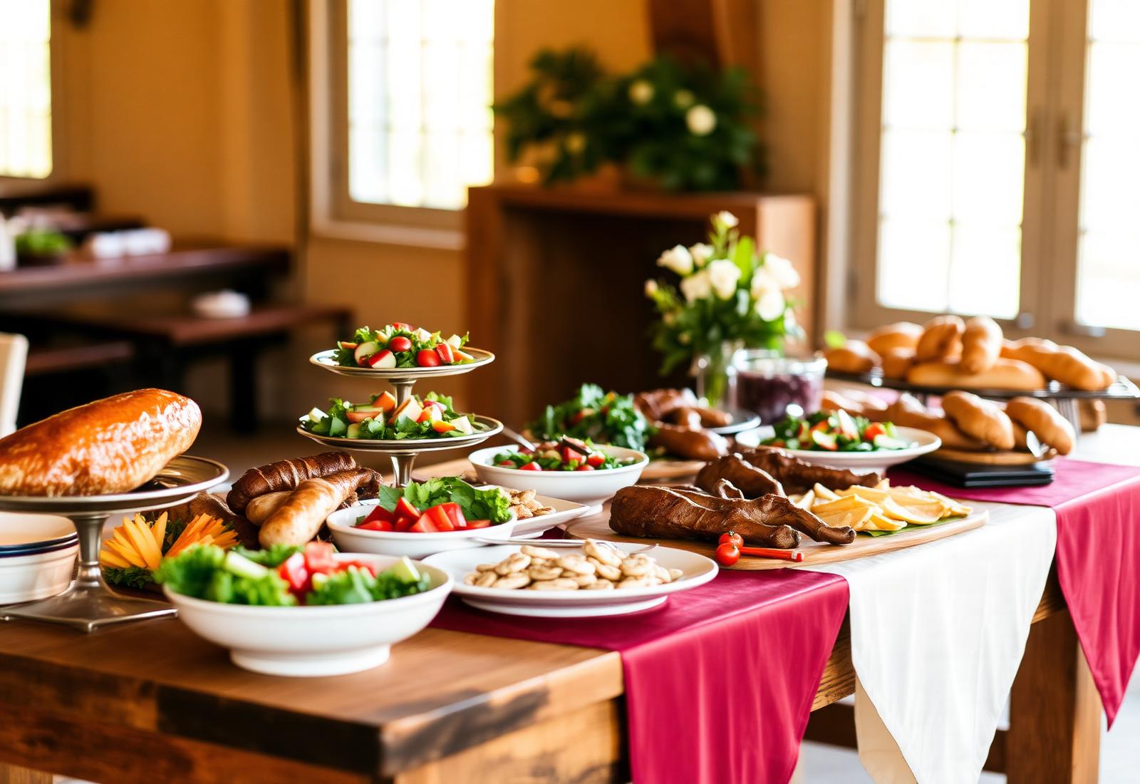Wedding buffet spread with roasted meats, salads and breads on a rustic table